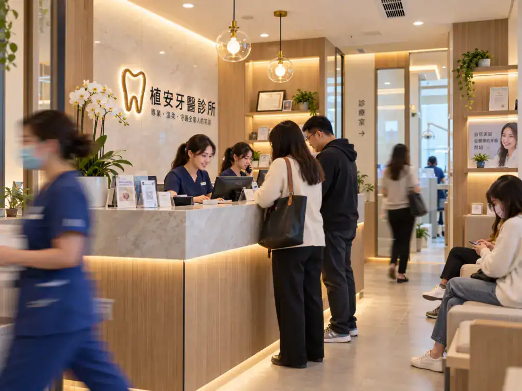 牙醫診所櫃台設計示意圖,患者於接待檯前掛號諮詢,工作人員處理行政事務,候診區有人等候