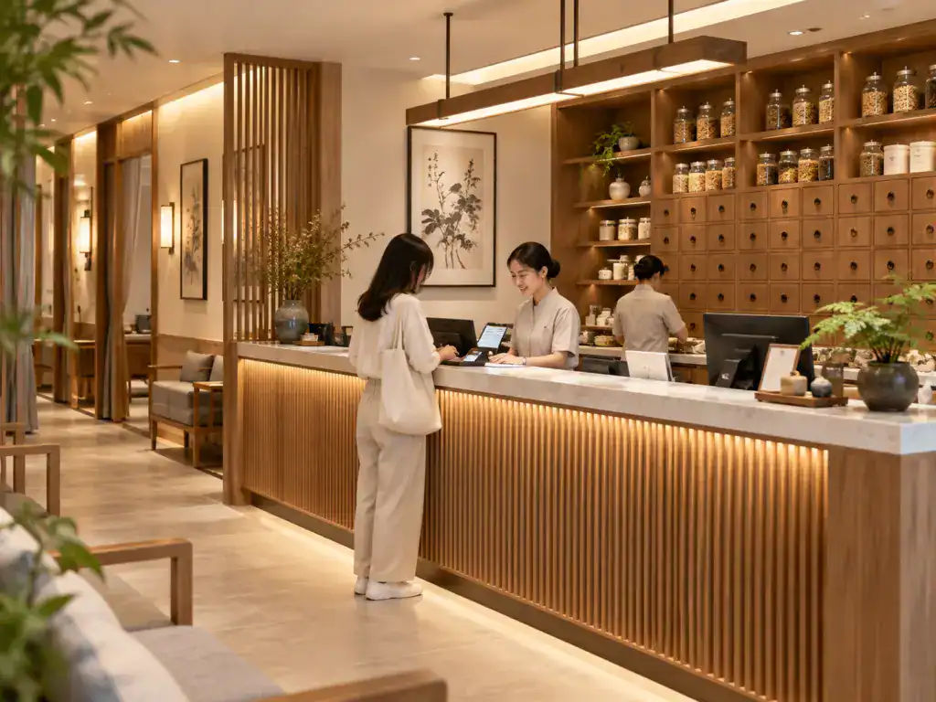 中醫診所櫃台設計,木質接待檯後方設有藥材展示與收納抽屜